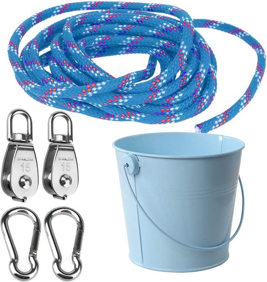 Flesentrein kinderen, riemschijf met emmerkabel, voor kinderen is het perfecte accessoire voor het boomhuis, het speelhuis en het klimframe, lier kinderen, speeltoren accessoires (blauw) van Merkloos	