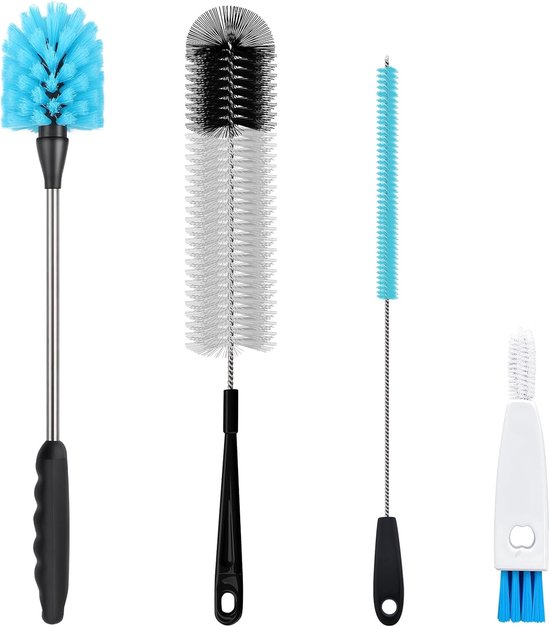 Flessenborstel-set van 4, 38 cm flessenborstel lang, keukenborstelset, inclusief rietjesreiniger en dekselborstel, flessenborstels geschikt voor waterkokers, kopjes, glazen, babyflessen, blauw