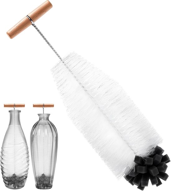 Flessenborstel van 32,5 cm met ergonomische handgreep, krasvrije reinigingsborstel, flessenreiniger met harde borstelharen en zachte spons, reinigt krachtige accessoires voor glazen flessen