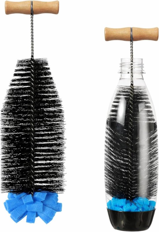 Flessenborstel van 33 cm - Flexibele borstel met Lange Steel en 90° Gebogen Houten Handvat, Reinigt Flessen met een Smalle Hals, Ideaal voor Glazen Sodastream-Flessen en Plastic Flessen