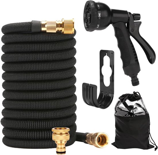 Flexibele tuinslang, 15 m, flexibele waterslang, rekbaar, uittrekbare tuinslang, flex met 8 functiesproeiers, sproeier, slang, flexibel, Geschikt voor tuin, huisdier, autowassen (zwart) van Merkloos	