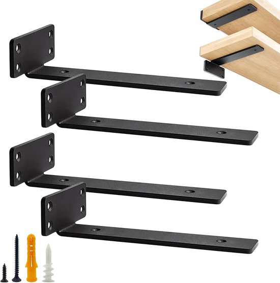 Floating Shelf Bracket - 4pcs Wooden Shelf Brackets - Heavy Duty Hidden Integrated L Black Shelf Brackets - voor Potted Plants - Thuis - Kantoor - Laadcapaciteit: 70kg/154lbs (25cm/10inch) van Merkloos	