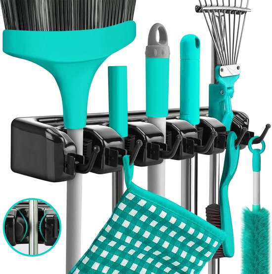 FLOOQ Bezem Ophangsysteem en tuingereedschap - Bezemhouder - Multifunctioneel - Opbergsysteem - Ophanghaken - Bezems - 5 stelen - Zwart van FLO