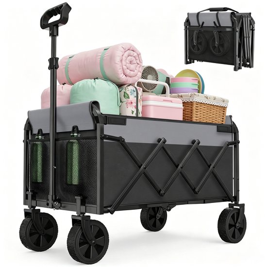 FloraGrace Tuinkar – Opvouwbaar 100 Liter 100 kg – 74 x 46 x 96,5 cm – Staal en 600D Oxford – Zwart – Voor Boodschappen En Camping