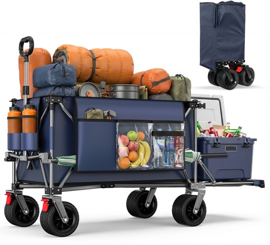 FloraGrace Tuinkar Opvouwbaar - 140 cm - Verlengbare Achterklep - Staal - Blauwgrijs - 300 L Voor Strand Camping Boodschappen