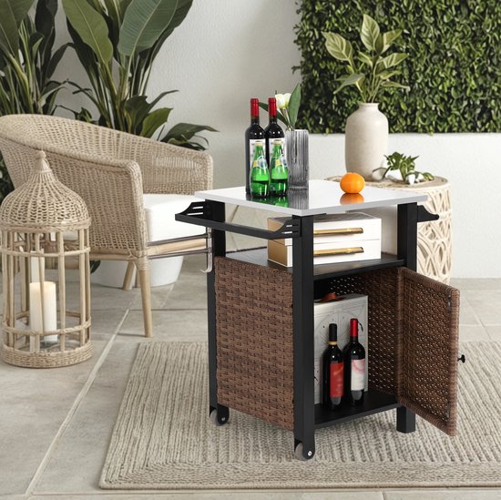 FloraGrace Tuinkar - Verrijdbare Barkar Met Opbergruimte En Rvs Werkblad - Voor Tuin En Keuken - Staal En Wicker - 57x76x85 Cm - Bruin