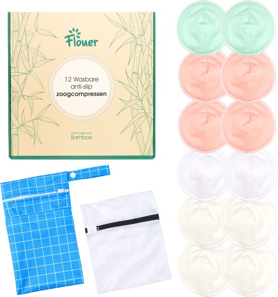 Flouer Antislip Wasbare Zoogcompressen - Extra Absorberend - Dag en Nacht - Inclusief Transporttasje en Waszakje - Borstcompressen Wasbaar - 12 Stuks van FLO