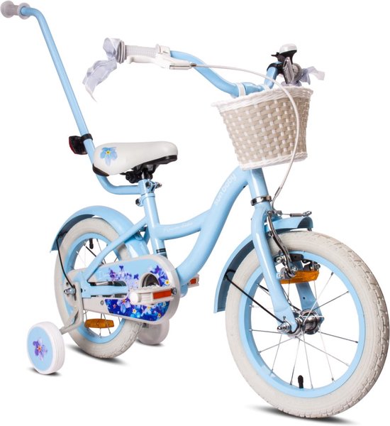 Flower Bike Fiets voor een meisje van 3 tot 5 jaar, 14 inch Blauw, met fietsbel, zijwieltjes, duwstang en stuurmandje van Flow✨