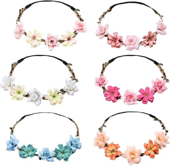 Flower Crown - 6 Stuks - Multicolored Wreath Headband voor Meisjes - Verstelbare Bloemencorona voor Vrouwen - Kleurrijke Festival Haaraccessoires - Elastisch voor Bruiloft en Festival van AyeVision