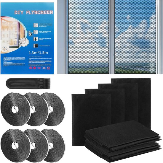 Fly Screen for Windows, 130 x 150 cm, Self-Adhesive Mosquito Net with Velcro, Insect Protection for Windows, Black, No Drilling, for Windows, Protects the Family from Insects, Pack of 6 van Merkloos	