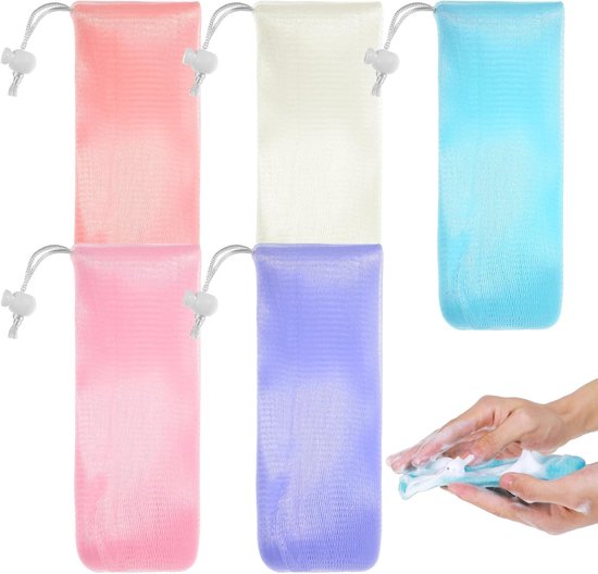 Foamie Soap Bags met Drawstring - Kleurrijke Zeepzakjes - Gezichtsreinigingsnet - Zeepnet - Mesh Tas - Scrub - Badkamer Schoonmaakaccessoires - Verpakking van 5 van Merkloos	