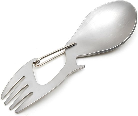 Fork Stainless Steel Sporks Titanium Spoon with Tin Bottle Opener Multi-Tool for Camping Travel Cutlery Silver, 3-in-1 Camping Cutlery