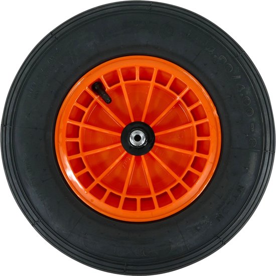 FORT Kruiwagenwiel 400x100mm met 2PLy luchtband, kunststof velg Oranje, aslengte 130 mm en Ø 20mm van Fort