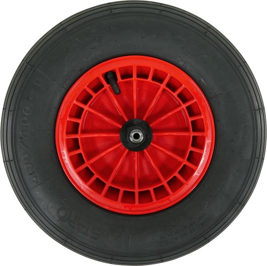 FORT Kruiwagenwiel 400x100mm met 2PLy luchtband, kunststof velg Rood, aslengte 130 mm en Ø 20mm