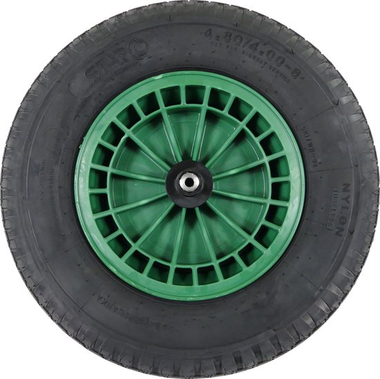 FORT Kruiwagenwiel 400x100mm met 4PLy luchtband, kunststof velg Groen, aslengte 130 mm en Ø 20mm van Fort