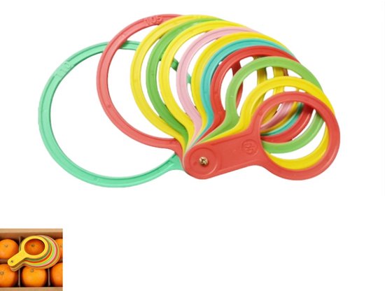 Fruit-sorteerset - fruitmeetringen - ronde meetringen - voor citrusvruchten, sinaasappels, perziken en groenten - Diameter van de vrucht: 55-110 mm - kleurrijk van Merkloos	