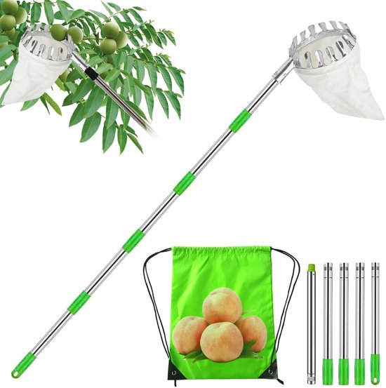 Fruitplukker, Appelplukker, Plukhulp 2.2 m, Fruitgrijper, Makkelijk in elkaar te zetten, Kersenplukker met lichtgewicht roestvrijstalen verlengstang en katoenen tas, Diameter 16 cm. van Merkloos	