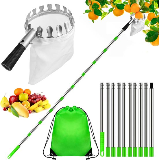 Fruitplukker - Appelplukker - Telescopische Stok - 420cm - RVS - voor Kersen, Bessen, Sinaasappels, Peren