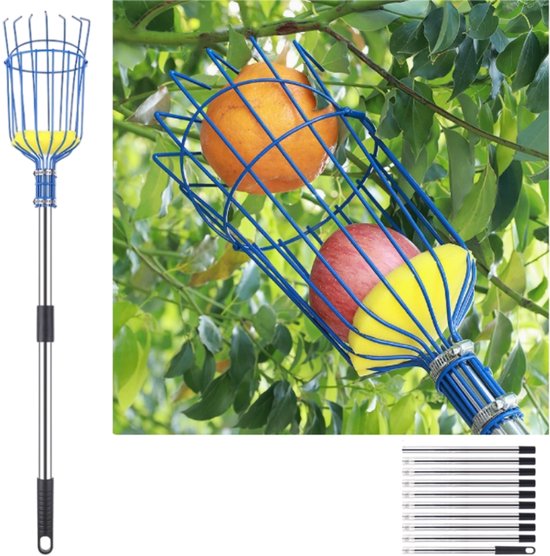 Fruitplukker - fruitoogstmachine - fruitplukker met telescopische steel - tuingereedschap - geschikt voor de meeste fruitsoorten - blauw - 33,5 x 14 cm - totale lengte 4 meter