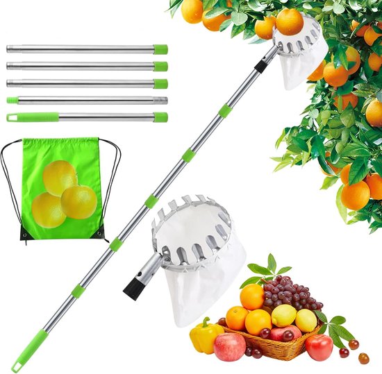Fruitplukker - fruitplukker met steel - 2M Fruitplukker met telescopische steel -diameter 16 cm Fruitplukker - Met opbergtas -kersen met katoenen tas- Pruimenplukker met telescopische steel- Geschikt voor thuis, boomgaard- tuin- fruitplukker van Merkloos	