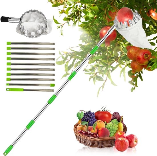 Fruitplukker met 16 cm diameter en 4,2 m lange steel, ideaal voor het plukken van appels, kersen en pruimen, inclusief katoenen tas voor eenvoudig verzamelen