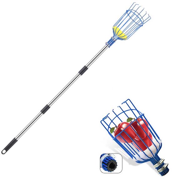 Fruitplukker met draaimechanisme - Telescopische fruitplukker van roestvrij staal - Fruitplukker voor bomen - Fruitplukmand - Telescopische steel van 4 meter - Geschikt voor fruit uit de tuin, zoals sinaasappels, peren en citroenen - Blauw