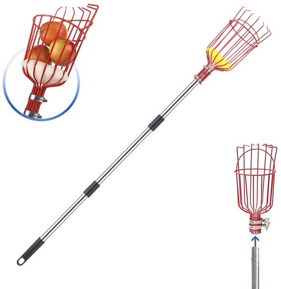 Fruitplukker met draaimechanisme - Telescopische fruitplukker van roestvrij staal - Fruitplukker voor bomen - Fruitplukmand - Telescopische steel van 4 meter - Geschikt voor fruit uit de tuin, zoals sinaasappels, peren en citroenen - Rood