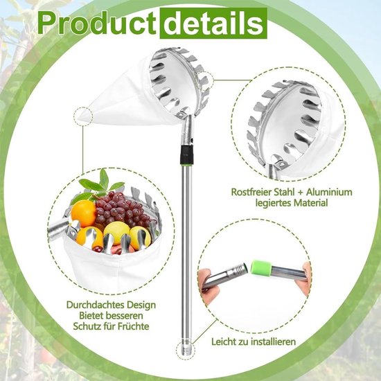 Fruitplukker met een diameter van 16 cm en een lengte van 3,4 m, ideaal voor appels en kersen, inclusief katoenen tas, perfect voor moeilijk bereikbare vruchten