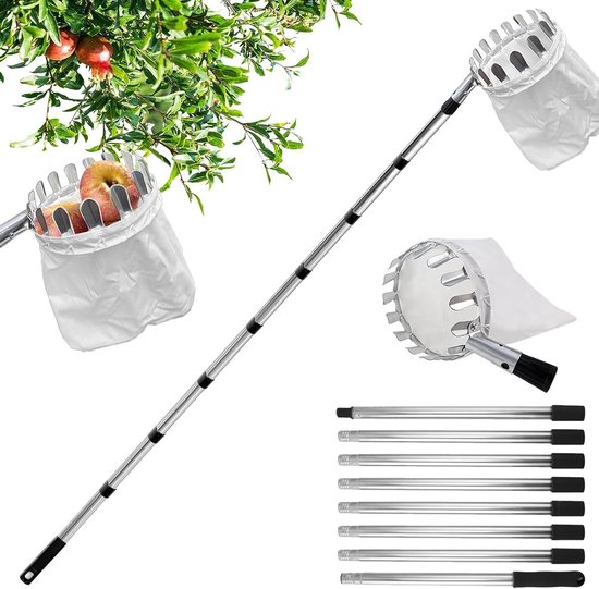 Fruitplukker met een diameter van 16 cm, telescopische steel van 3 m en katoenen zak voor het oogsten van appels, kersen en citrusvruchten