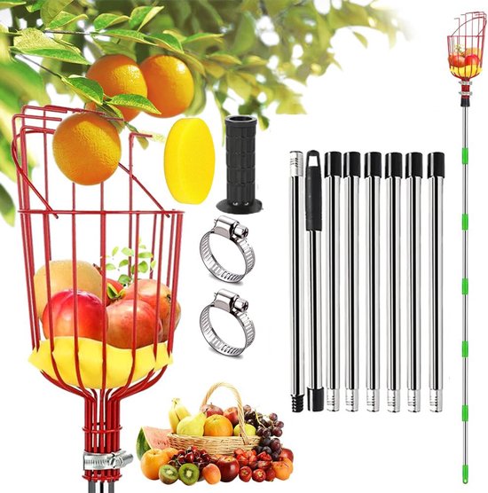 Fruitplukker Met Lange Steel - Verstelbare 8-Stangige Steel Grote Metalen Mand Met Schuimrubberen Kussen Montage Zonder Gereedschap in 5 Minuten - Voor Appels Peren Sinaasappels En Meer - Max. 3,2 M - Rood