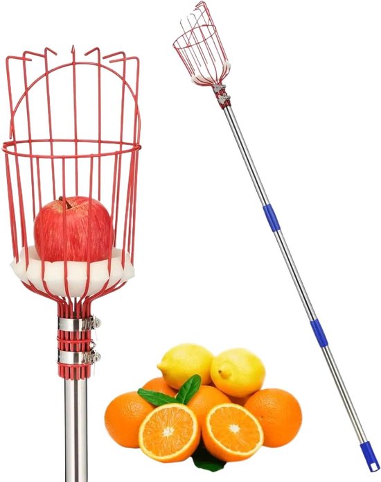 Fruitplukker met Mand - Oogststok - Fruit Plukken - Uitschuifbaar Handvat - 4 Meter Lengte - Zilver