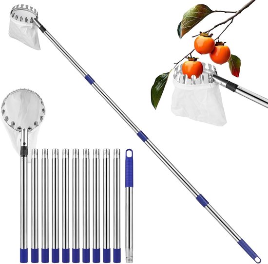 Fruitplukker met telescoopsteel, 4.2 m, lichtgewicht roestvrijstalen bar, 16 cm mand met katoenen tas, ideaal voor appels en andere vruchten