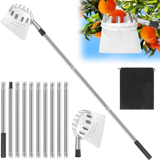 Fruitplukker met telescoopsteel van 4 meter, ideaal voor kersen en appels, eenvoudig te monteren en inclusief katoenen tas voor fruitbomen
