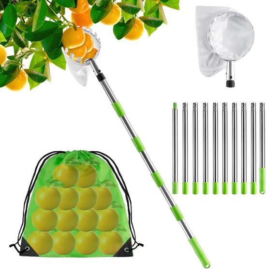 Fruitplukker met telescoopsteel van roestvrij staal en katoenen tas, ideaal voor het plukken van appels, peren en citrusvruchten.