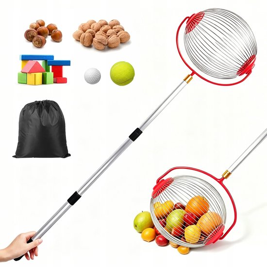 Fruitplukker - Notenraper - Fruitgrijper - Plukker - 128cm - Uitschuifbare Steel & RVS Rol - Inclusief Opvangzak - Voor Noten & Ballen in Tuin & Gazon