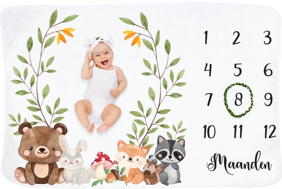 Frummel Mijlpaaldeken ‘Beestenboel’ – Milestone deken – Mijlpaal baby – Kraamcadeau Jongen – Kraamcadeau Meisje – Baby Shower Cadeau – Baby Cadeau – Mijlpaaldeken in het Nederlands – Moederdag cadeau - 100 x 150 cm van Frummel