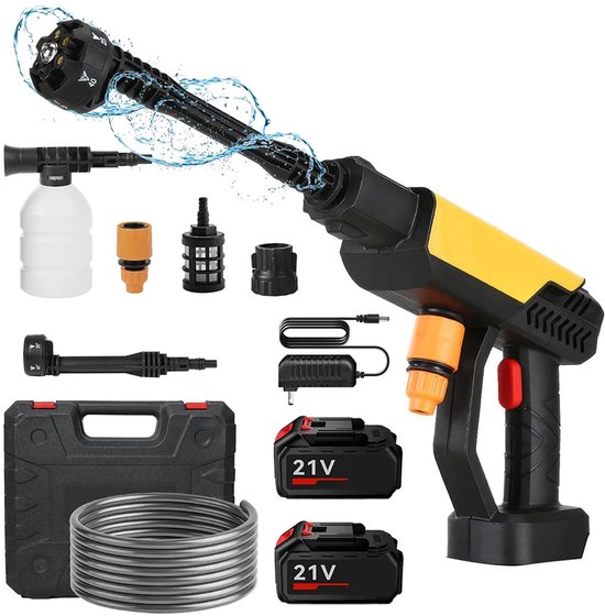 Fubzz Elektrische Hogedrukreiniger - 500W 30Bar Waterpistool Met 2 Accu’s - Draagbare Autowas & Tuinspuit - 6-in-1 Sproeikop - 5M Slang & Koffer van Fubzz