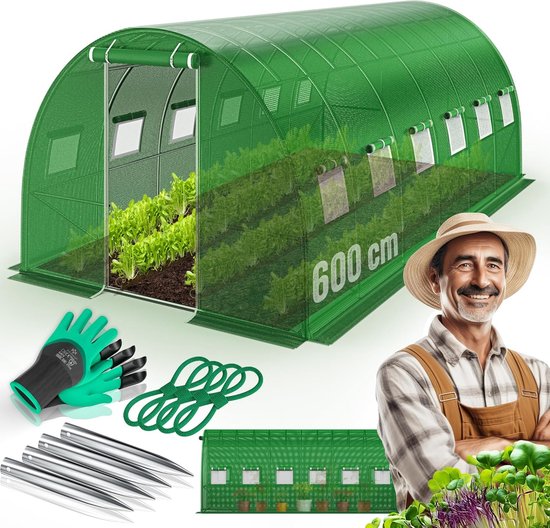 FurnStar - Serre - Folie Kasstal met 12 Ramen met Klamboe - Deur Tuintunnel met Gegalvaniseerd Stalen Frame Folie - Tunnel 170 g/m² Inclusief Grond - Ankers Handschoenen en Touwen 600 x 300 cm - Groen van Merkloos	