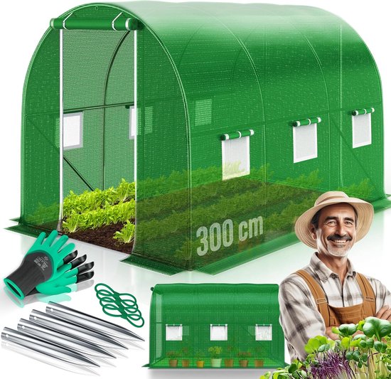 FurnStar - Serre Stabiele Tuinserre met 6 Ramen - Klamboe en Deur - Serre met gegalvaniseerd stalen frame | Filmtunnel 170 g/m², inclusief grondankers, handschoenen en touwen, 200x300