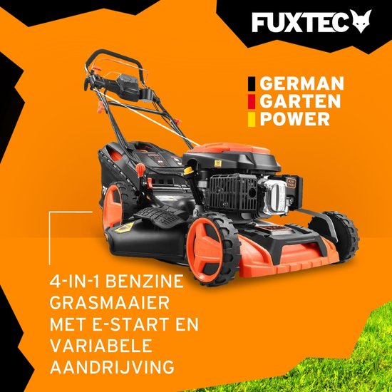 FUXTEC 4-in-1 Benzine Grasmaaier FX-RM5196eSPRO - Elektrische Start - 6 pk - 51 cm Maaibreedte - Flexibele Achterwielaandrijving - 4-Takt - Maaihoogte 25–75 mm - 60 L Grasopvangbak - Mulchfunctie van FUXTEC