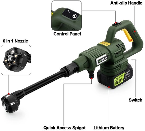 Fytura - Borstelloze Accu‑Hogedrukreiniger 200 Bar – Draadloos 18 V Makita‑Compatibel – 3 Versnellingen, 6‑in‑1 Autowaspistool met Digitale Display – Waterpistool voor Auto, Terras, Meubelen en Doe-Het-Zelf Gebruik van Fytura