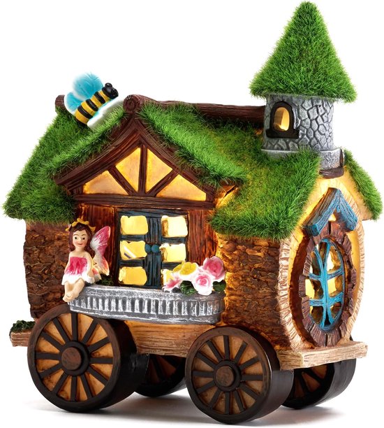 Garden Decoratie - Tuin Versiering - Vierwielige Tuinfee Solar Lamp met Vlokdaken Fee Huis Tuinfiguur voor Buiten Gemaakt van Kunsthars 21cm Waterdicht Fee - Fee Tuin van Merkloos	