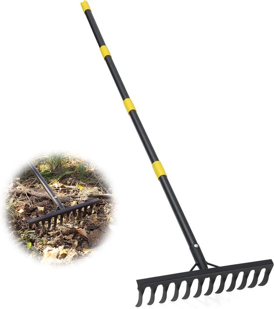 Garden Rake 189 cm Metal Rake with Handle, 12 Steel Teeth - for Loosening Ground, Leveling Lawn, Leaf Broom - Garden Tools for Lawn and Leaves van Garden