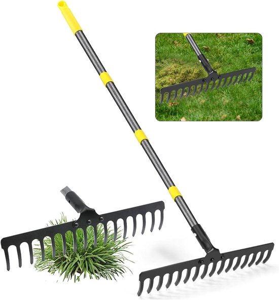 Garden Rake with 16 Steel Teeth for Hit Leaves Grass Weeds Metal Yard Straw Rake