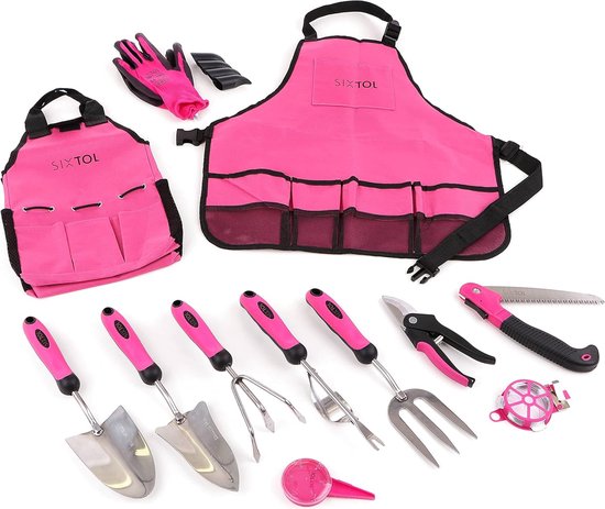 Garden ROZE 12 tuingereedschapset | 12 STUKS. Tuinaccessoires van roestvrij staal | Praktisch tuinschort en tas als cadeau voor vrouwen | Voor tuiniers (ROZE, 12) (ROZE, 12) van Garden