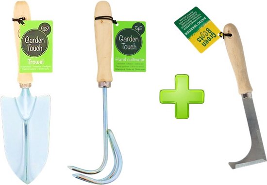 Garden Touch - Tuin gereedschap set - 2 + 1 GRATIS -  Tuinschepje - Handcultivator - Onkruidwieder - Hout en RVS - Handkrabber - Handschep - Schep - Multisnijder - 3 tand - van Merkloos	