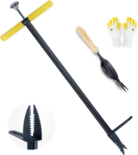 Garden Weed Puller and Root Removal Aid - Standing Weeds Removal Tool - Manual Weeds Extractor - 102cm Long - with Foot Pedal Step - Combo Pack (Stand Up Weeder & Hand Weeder & Garden Gloves) van Garden
