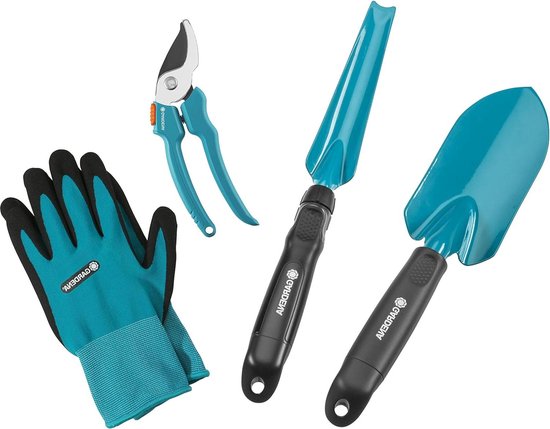 GARDENA basisset kleingereedschap - Vierdelige tuinset voor tuinonderhoud: universele tuinschaar - stevige bloemenschop - onkruidsteker - ademende tuinhandschoenen 8/M (8965-30) - aanbieding met korting weed cutter van Merkloos	