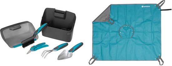 Gardena City Gardening Balkonbox: Kunststof box met geïntegreerde stoffer en blik, 4-delige tuinset & City Gardening Plantmat M: Werkmat voor planten/verpotten, 100x120cm van Merkloos	