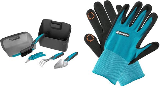 Gardena City Gardening Balkonbox: Kunststof box met geïntegreerde stoffer en blik en 4-delige tuinset (8970-20) & Plant- en bodemhandschoenen 7/S, Mobile Touch voor smartphonegebruik (11510-20) van GARDENA